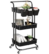 danpinera 3 Tier Rolling Utility Cart with Lockable Wheels &amp; Hanging Cups &amp; Hooks Storage Organiz...