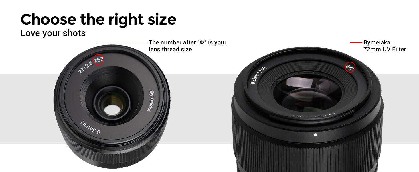 Bymeiaka UV filter have 46mm,49mm,52mm,55mm,58mm,62mm,67mm, 72mm,77mm,82mm can be choose