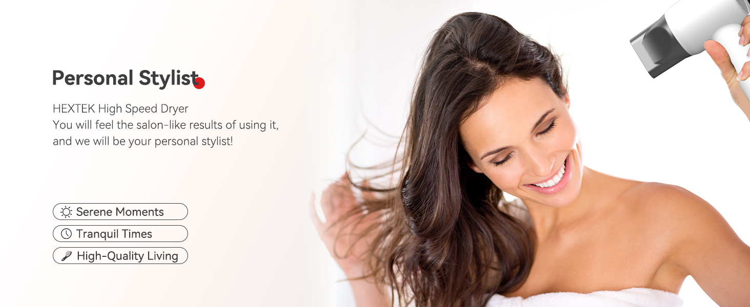 Hair styling product advertisement showing a woman applying product to her hair. Text mentions 'Personal Stylist' and lists benefits including volume and shine.