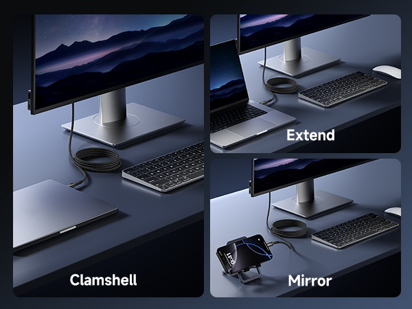 3 modes: Clamshell, extend, mirror