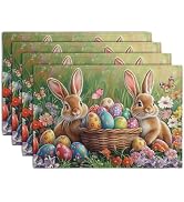 Wnoesat Easter Bunny Placemats Set of 4 Easter Colorful Eggs Floral Linen Fabric Table Mats Sprin...