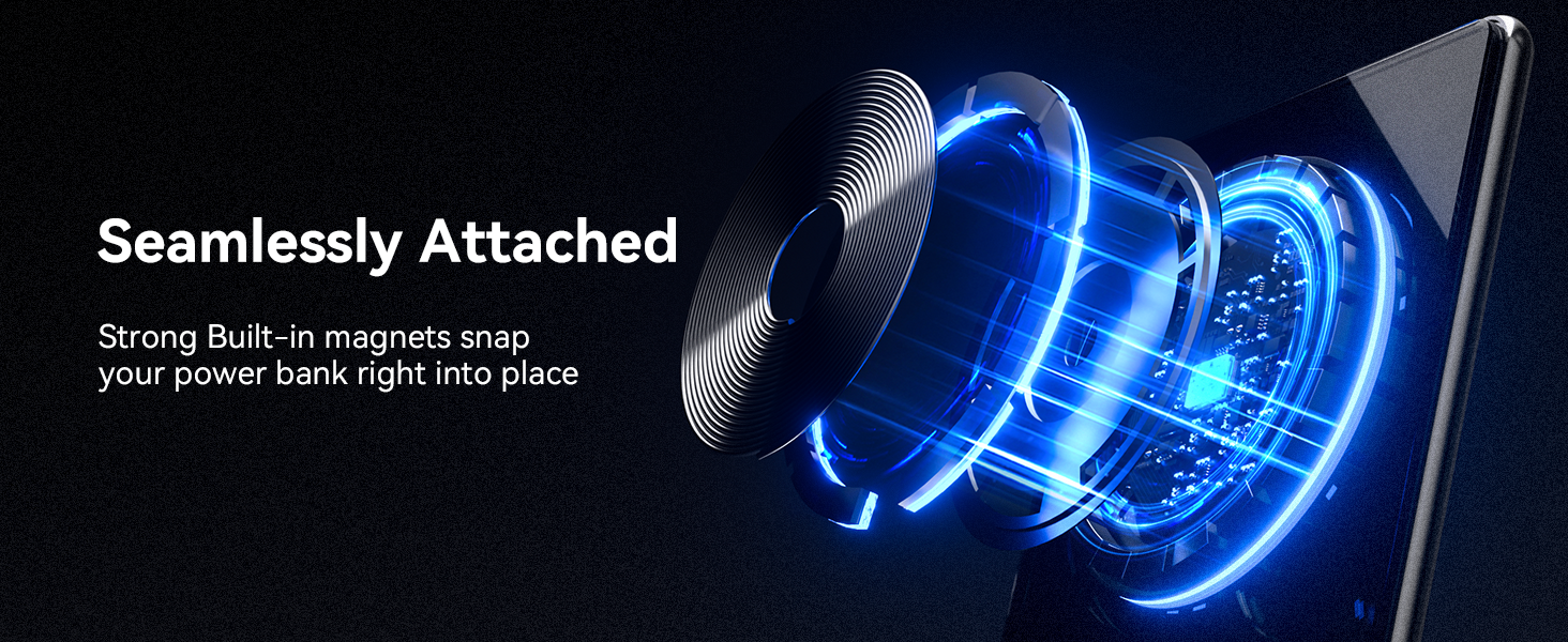 Wireless charging device with strong magnets, illuminated by blue light. Shows layers of magnetic attachment and power transfer, emphasizing seamless connection for a power bank.