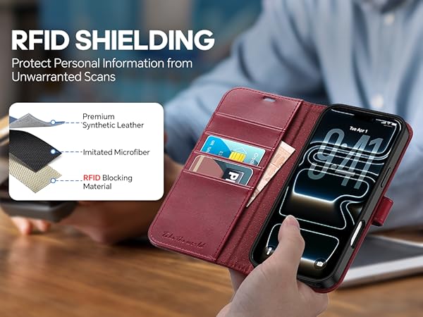 TUCCH Case Wallet for iPhone 17 Pro, TPU Shockproof Shell Stand PU Leather Stand Protective Cover