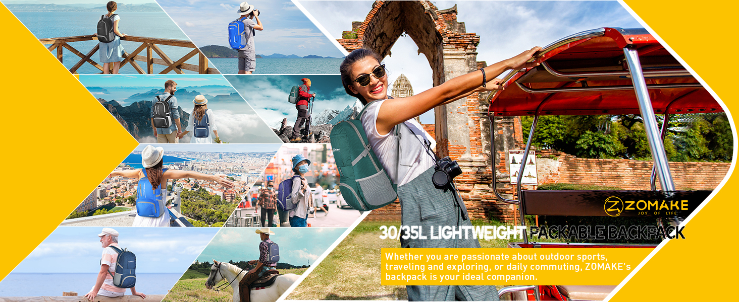 Collage of travel images featuring beaches, historic architecture, and leisure activities. Divided sections show diverse vacation scenes and destinations.