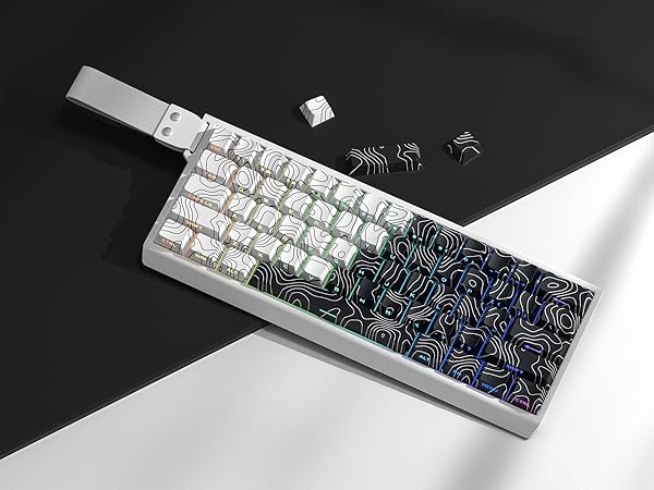 PBT keycap,White/Black Topographic keycaps 60 75 Percent,Shine Through keycaps,Side Printed keycap