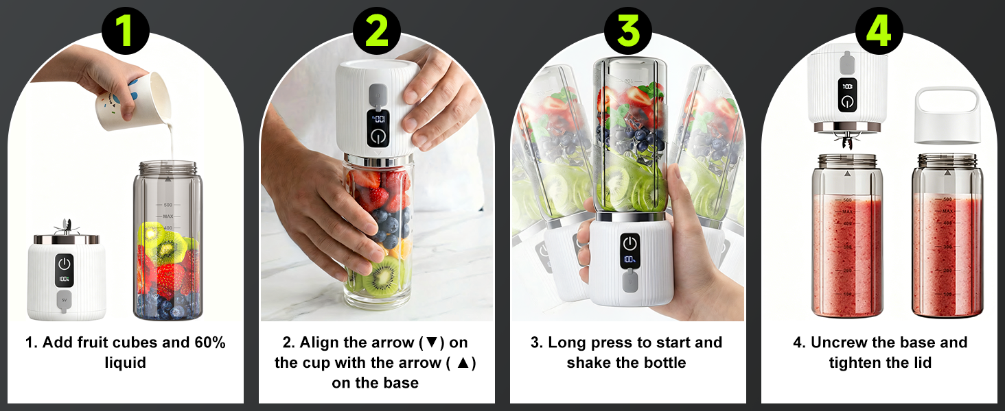 Four instructional panels showing layered beverage preparation steps with drink bottles and glasses, demonstrating pouring and mixing techniques for creating layered cocktails or mocktails.