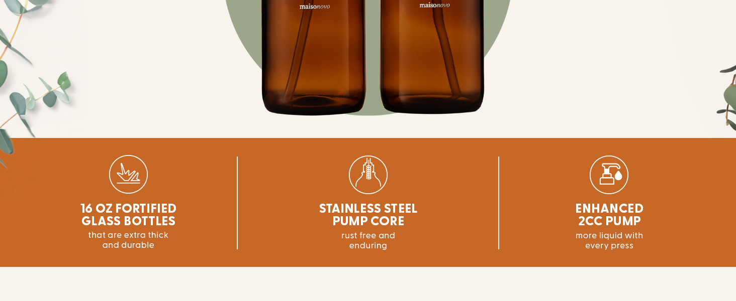 Text reads '16 OZ FROSTED GLASS BOTTLES', 'STAINLESS STEEL CAPS', 'REUSABLE ECO-FRIENDLY'. Three amber glass bottles with metal caps displayed with product feature icons on orange background.