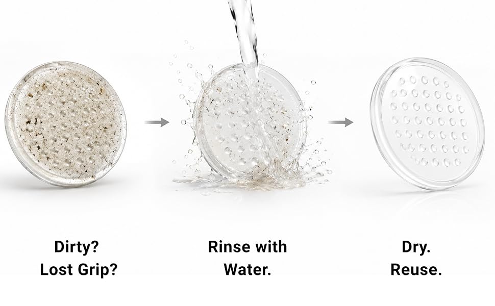 Washable nano gel grip pad restores adhesion after rinsing with water, drying, and reusing