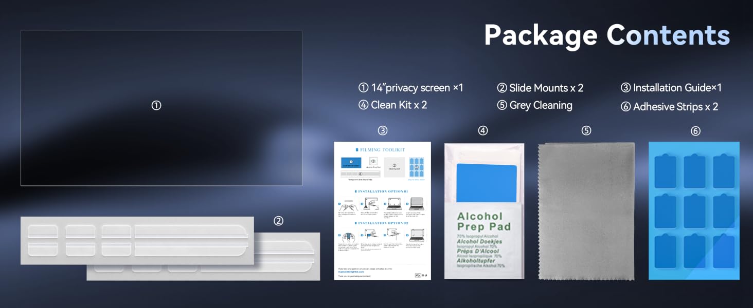 Package contents display for electronic device, showing main unit, cables, cleaning cloth, and blue ice cube tray-like accessory.