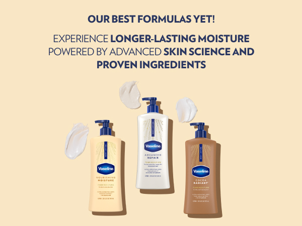 Three pump bottles in this Vaseline range with text about the benefits of the advanced formulas.