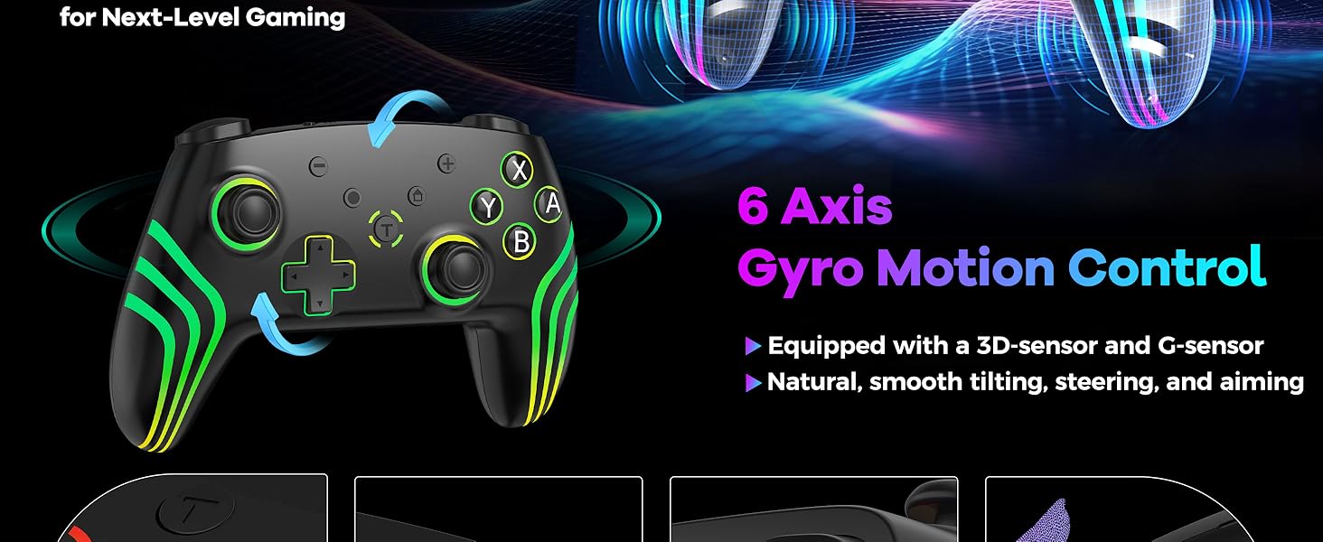 Text reads "6 Axis Gyro Motion Control" with features listed below. Black gaming controller with neon green accent lighting displayed against digital background showing motion control technology visualization.