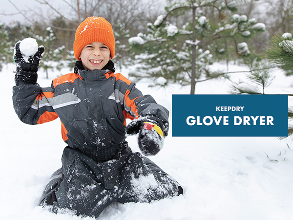 A boy prepares to throw a snowball. Text reads "KeepDry Glove Dryer"
