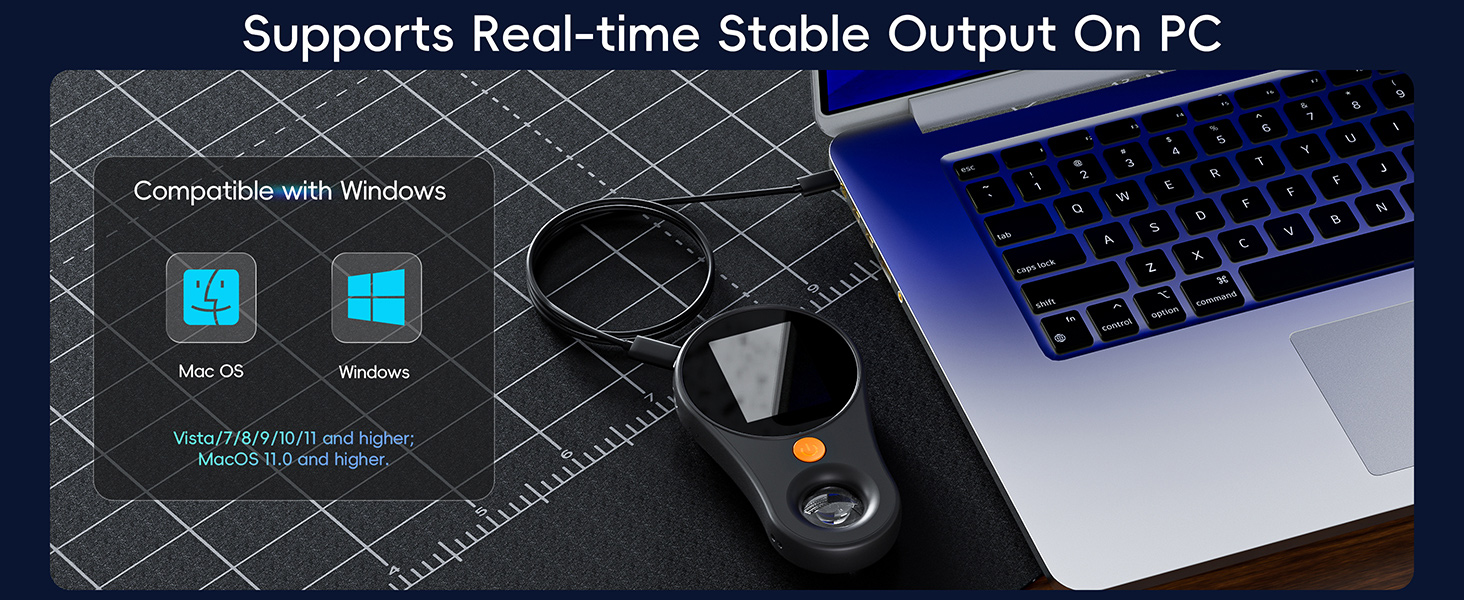 Gaming or input device setup showing a black device with buttons alongside a backlit keyboard on a textured surface, with Windows compatibility icons displayed.