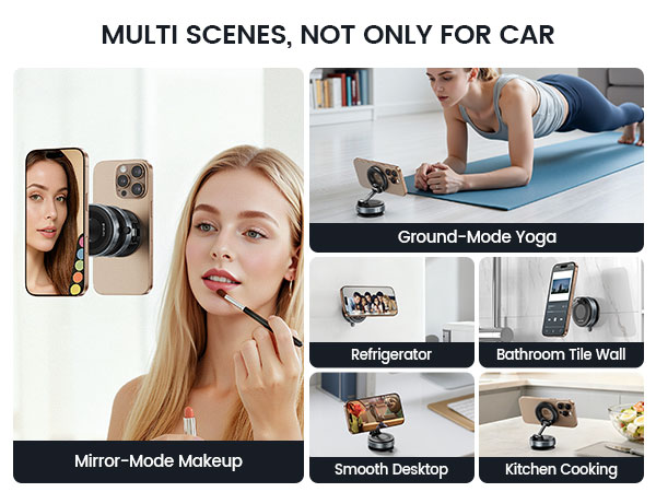 Text reads 'MULTI SCENES, NOT ONLY FOR CAR', 'Mirror-Mode Makeup', 'Smooth Display'. Collection of lifestyle photos showing various uses of mirror or display device.