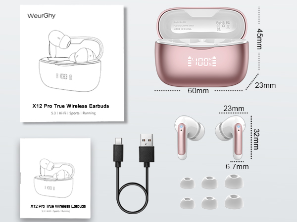 Rose gold wireless earbuds set with charging case, USB cable, and multiple ear tips, showing technical specifications and dimensions.