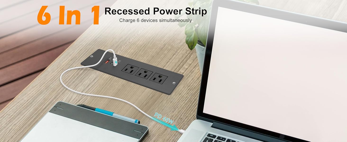45W Recessed Power Strip USB C