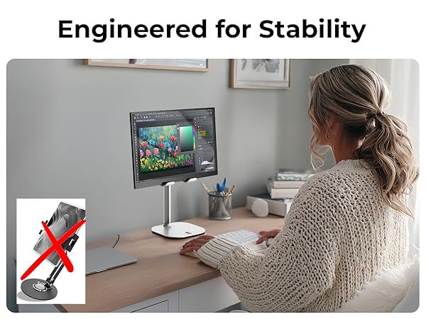 Stable screen stand and adjustable i pad holder for desk, engineered for daily work stability