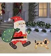 WATERGLIDE Lighted Christmas Santa Claus with Puppy, 26.5 Inch Pre-Lit 2D Tinsel Santa Walking Do...