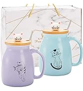 Frcctre 2 Pack Cute Cat Coffee Mugs, 15oz Ceramic Coffee Cup with Lovely Kitty Bamboo lid, Novelt...