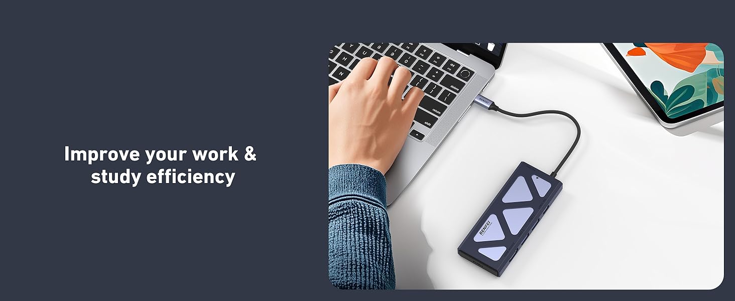 Text reads 'Improve your work &amp; study efficiency'. Overhead view of hands typing on laptop keyboard with study materials nearby.