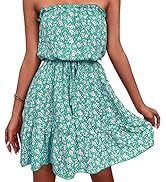 GOTOTOP Women Vintage Off Shoulder High Waist Floral Print Beach Mini A Line Dress(M-Green)