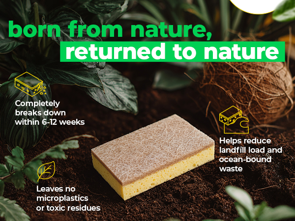 Text reads 'Born from nature, returned to nature'. Series of product lifestyle images showing brown eco-friendly packaging materials against natural backgrounds with sustainability messaging.