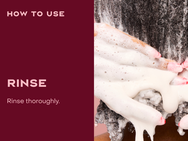 Image of a woman with curly hair rinsing her foamy curly hair, next to rinsing instructions.