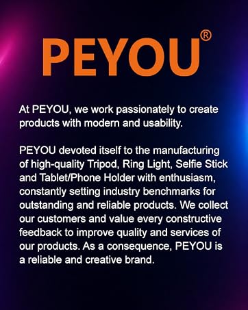 PEYOU brand story highlights modern ring lights, tripods, selfie sticks, and phone or tablet holders