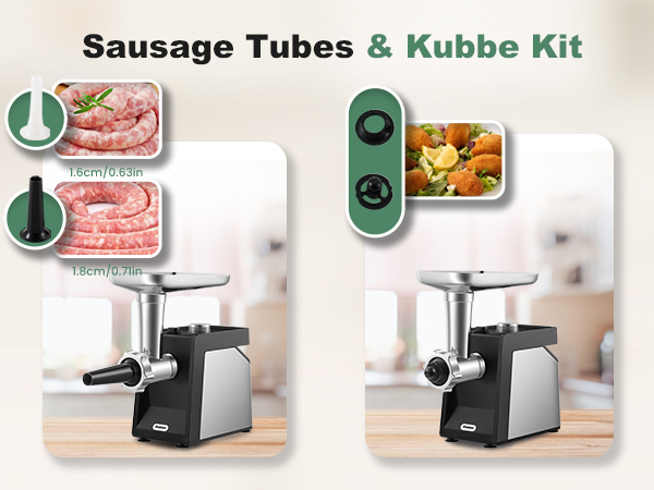Huanyu electric meat grinder with 2 sausage tubes of different sizes and kubbe kit