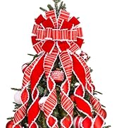 Christmas Tree Topper Wreath Bow Large Red Christmas Bow Tree Topper, Burlap with White Polyester...