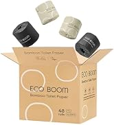 ECO BOOM Unbleached Bamboo Toilet Paper, 48 Mega Rolls, 100% Tree-Free 3-Ply, Plastic-Free Packag...