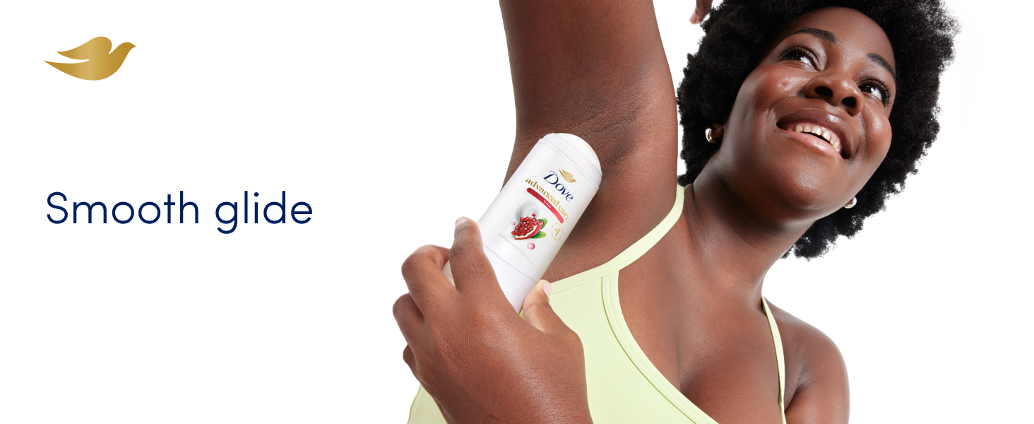 Smiling woman in tank top applying antiperspirant next to text that reads: Smooth glide.