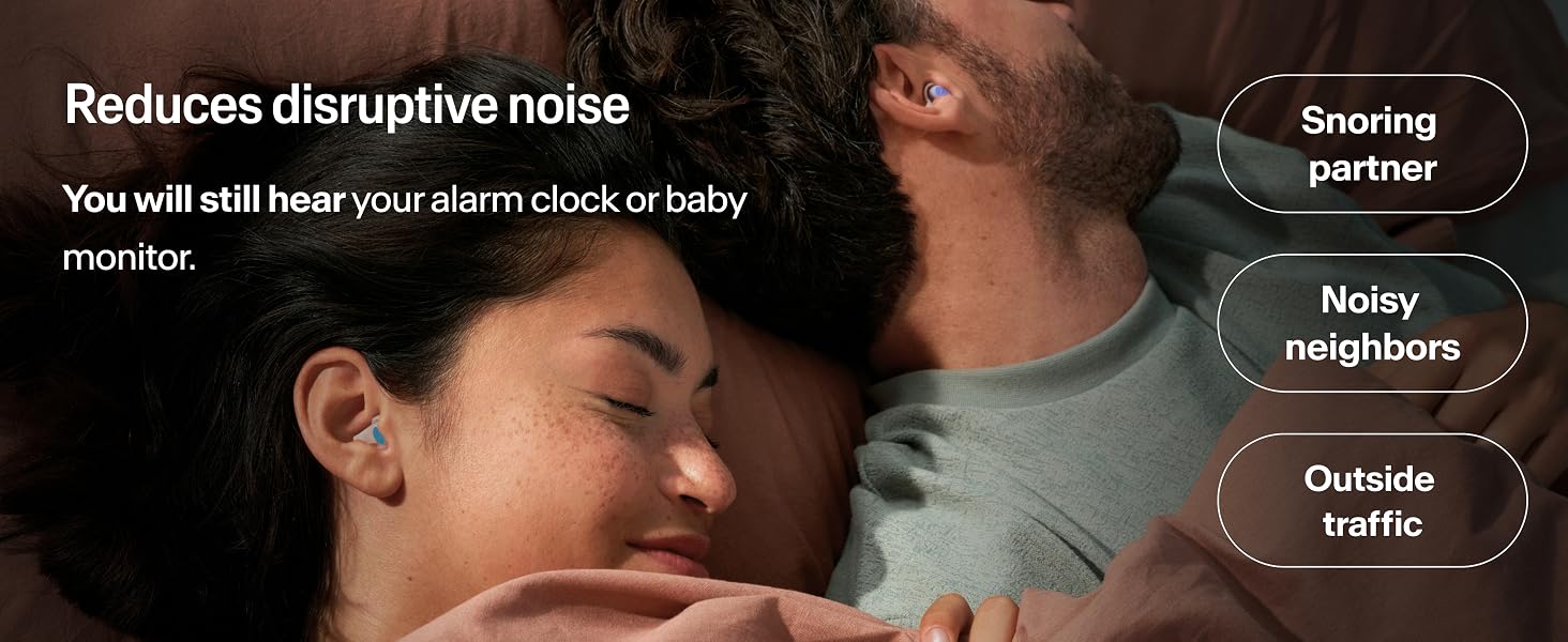 Couple sleeping with SleepDeep earplugs, reducing snoring, noisy neighbors, and outside traffic