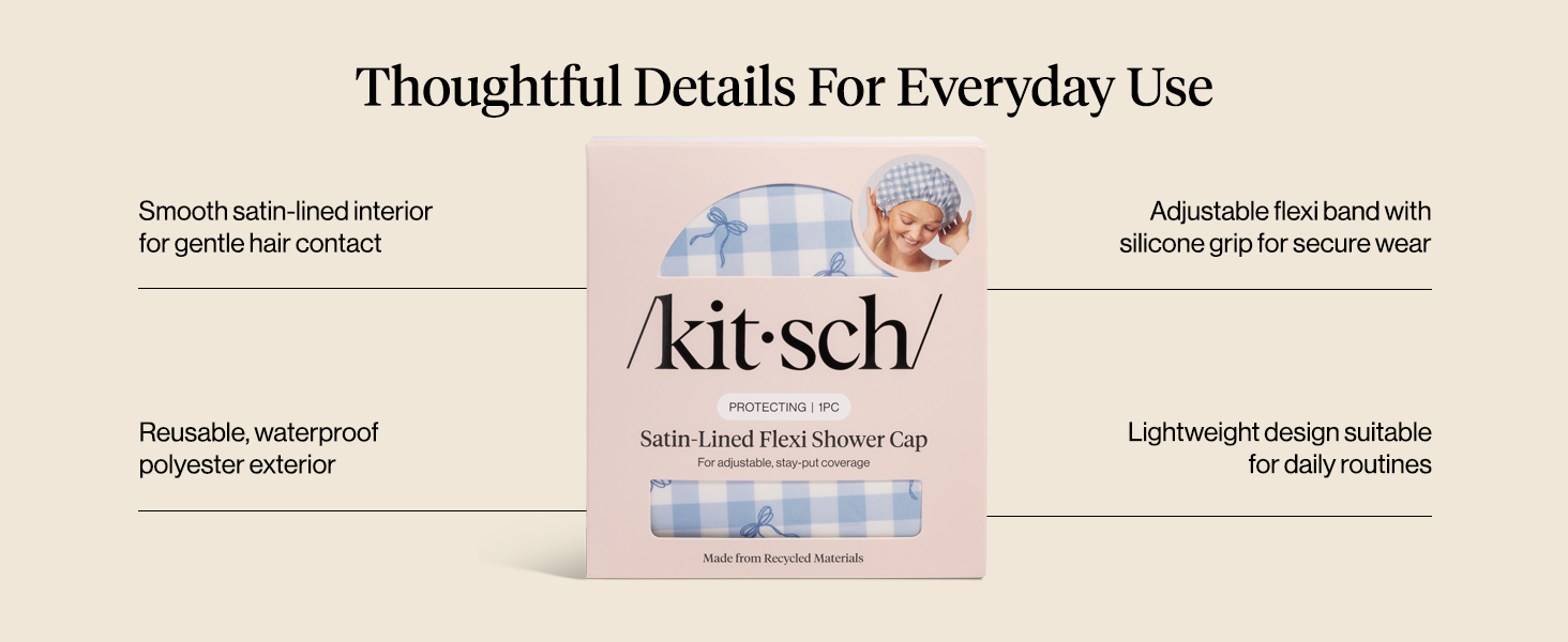 Kitsch Luxury Satin-Lined Flexi Shower Caps for Women Reusable Waterproof