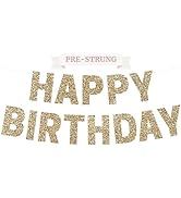 Pre-strung Happy Birthday Banner - No DIY - Gold Glitter Birthday Party Banner for Men &amp; Women - ...