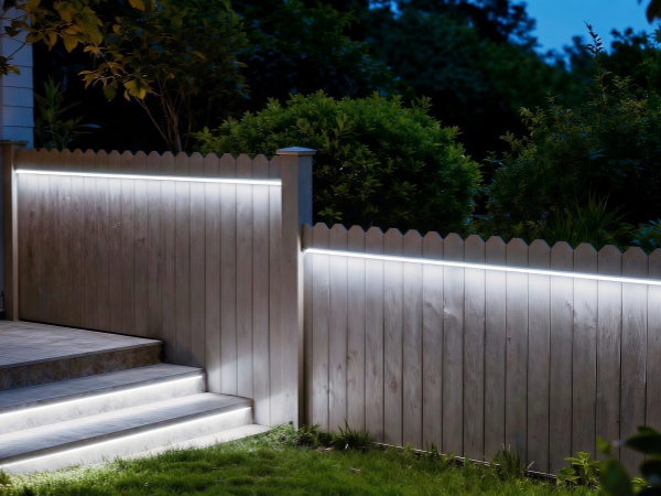 Outdoor deck or patio area at dusk or sunset, with wooden decking and seating visible.