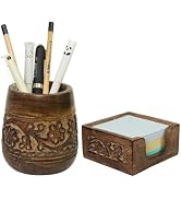 Mie Creations Set of 2 Pen Holder and Sticky Note Holder for Office Desk Organizer, Wooden Deskto...