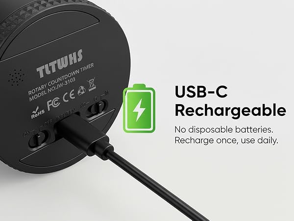 Text reads 'USB-C' and 'Rechargeable. No disposable batteries. Recharge once, use daily.' Close-up of charging port and device details.
