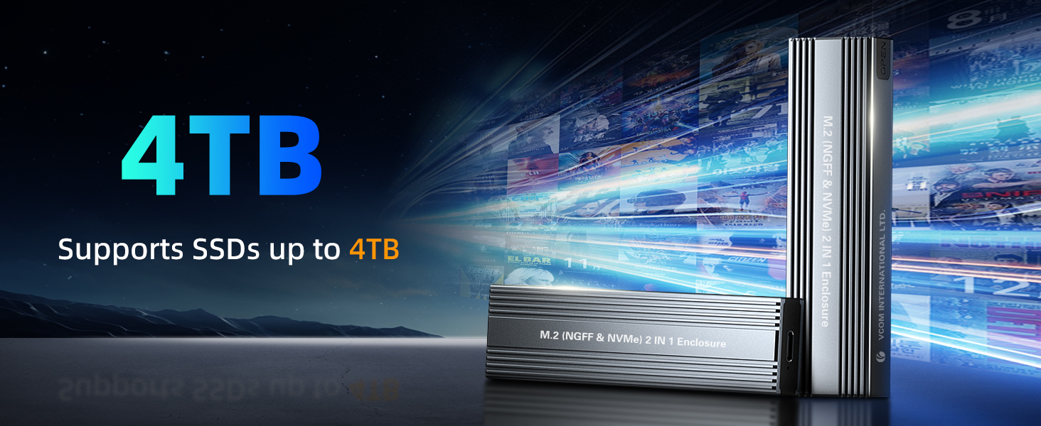 Metallic rectangular SSD storage device with ribbed design. Text indicates 4TB capacity and support for SSDs up to 4TB. Futuristic digital background with light trails.