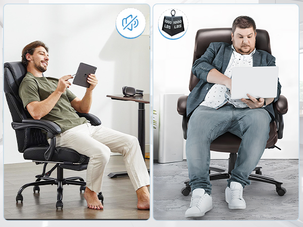 Series of images demonstrating product usage in office setting, showing various seated positions and interactions with an office chair.