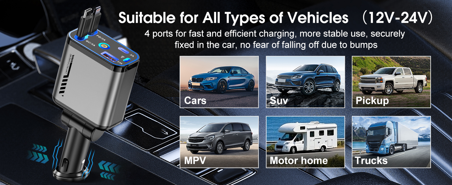 car charger features four charging ports for fast charging,for all types of Vehicles 12V-24V