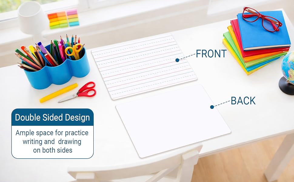 Text reads 'Double Sided Design', 'FRONT', 'BACK'. Multiple images showing double-sided writing and drawing board with blue and colorful accessories.