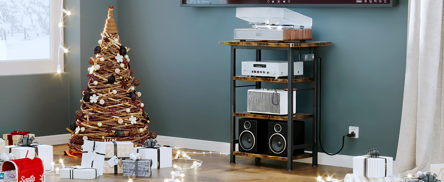 4-Tier AV Media Stand with Power Outlet, Wooden Record Player Stand