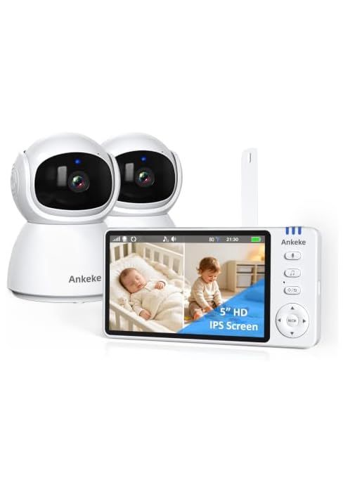 AnKeKe 5" Split Screen Video Baby Monitor with 2 Cameras, No WiFi | 3500mAh Battery, Infrared Nig...