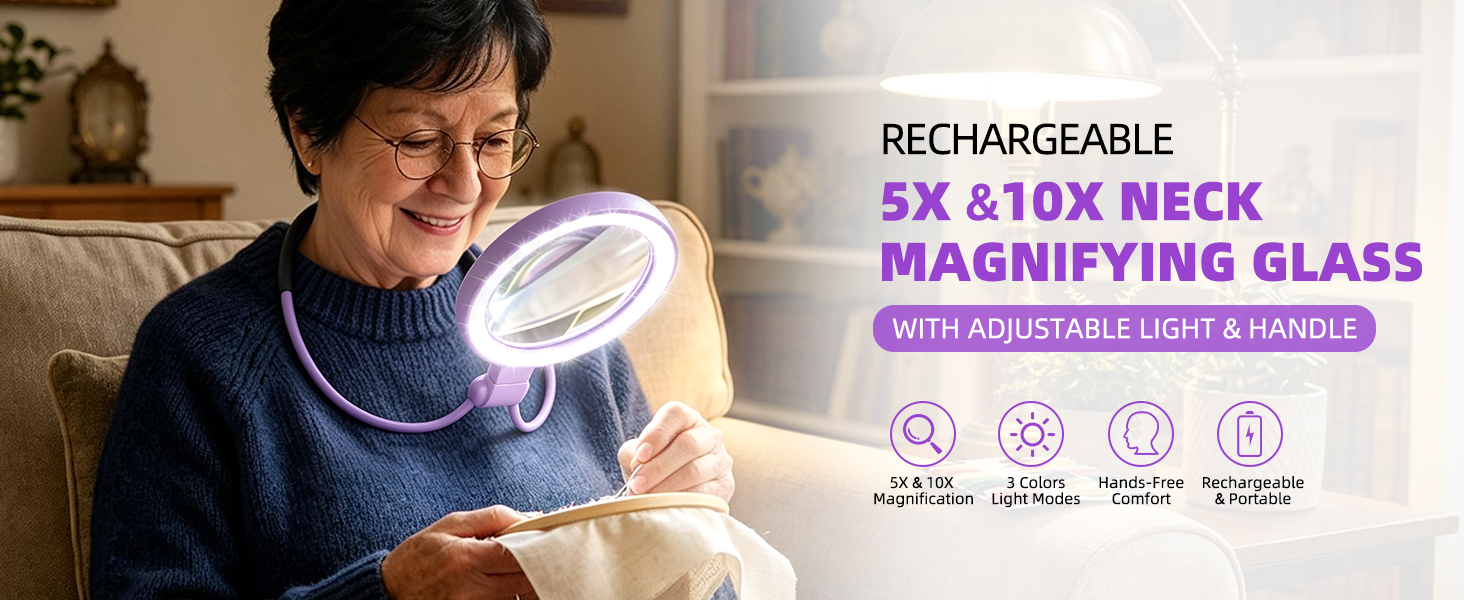 Rechargeable 5X&amp;amp;amp;10X Neck Wearable Magnifying Glasses