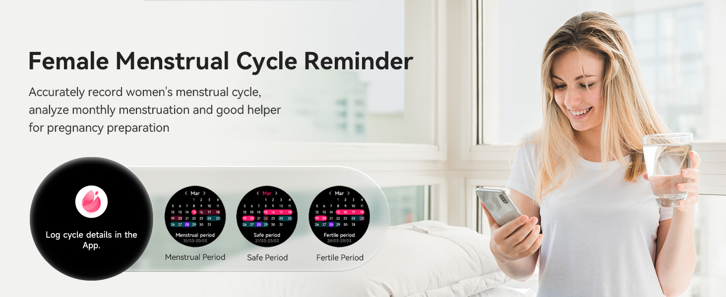 Menstrual cycle tracking app interface showing circular icons for cycle phases, ovulation prediction, and fertility tracking. Includes woman using smartphone in background.