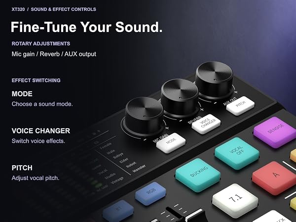 XT320 gain, reverb and AUX knobs with mode, voice changer and pitch controls.
