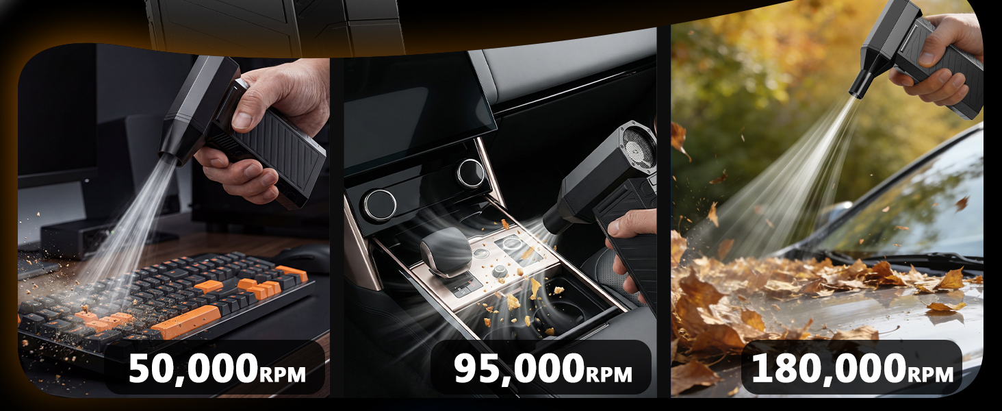 Text shows '50,000RPM', '95,000RPM', '180,000RPM'. Series of images demonstrating high-speed rotary tool or drill in action with various effects.