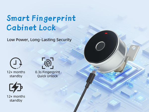 Smart fingerprint cabinet lock with 12+ months standby, 0.3s quick unlock, and fast charging