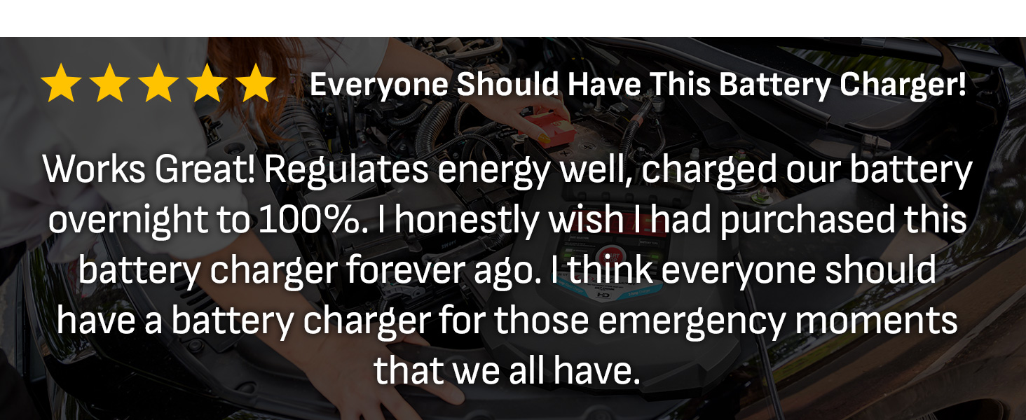 Five star review praising Schumacher battery charger for fast, reliable overnight charging